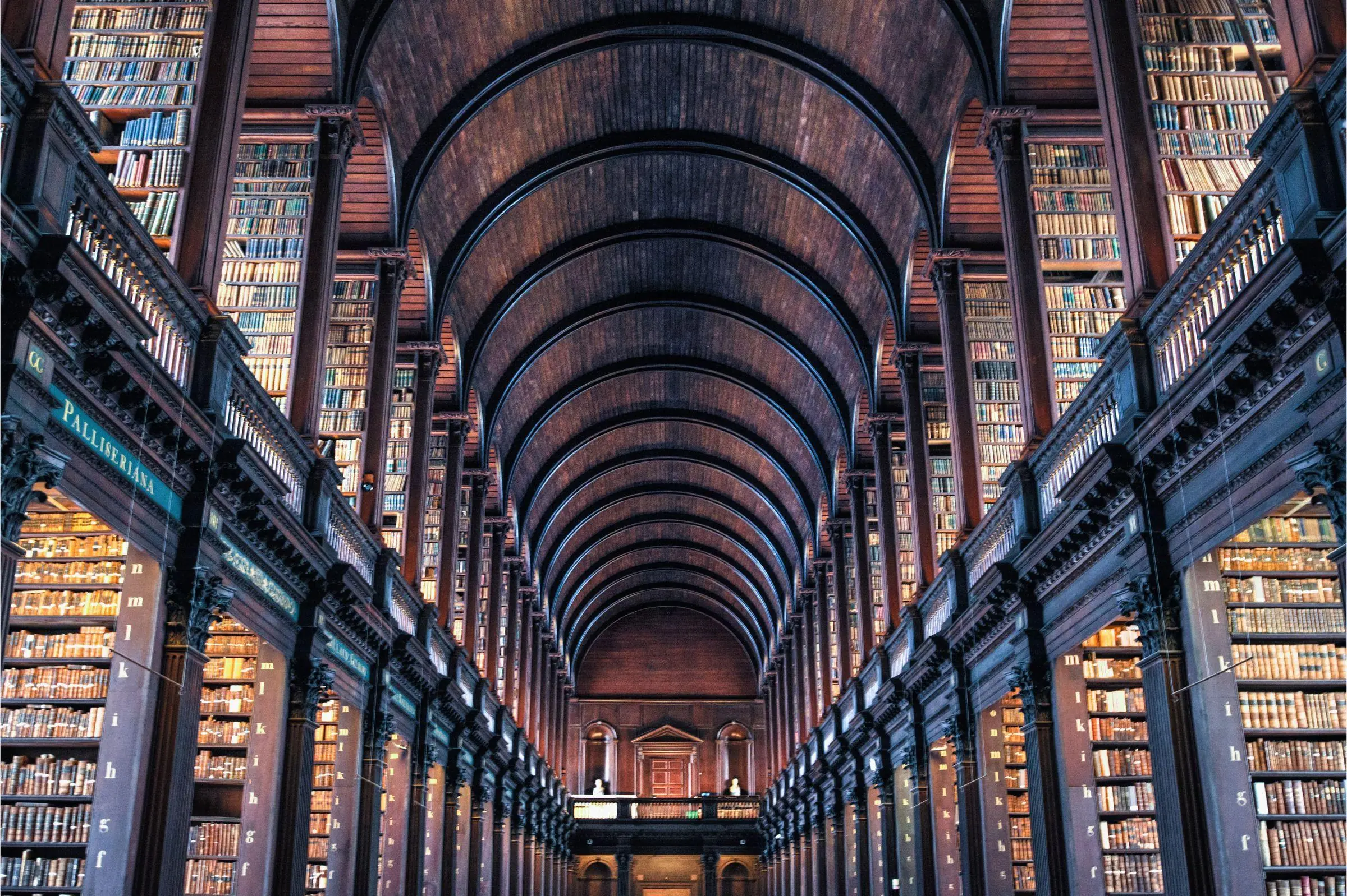 The Long Room at Trinity College The barrel-vaulted ceiling and wooden bookshelves of the Long Room in Trinity College Dublin