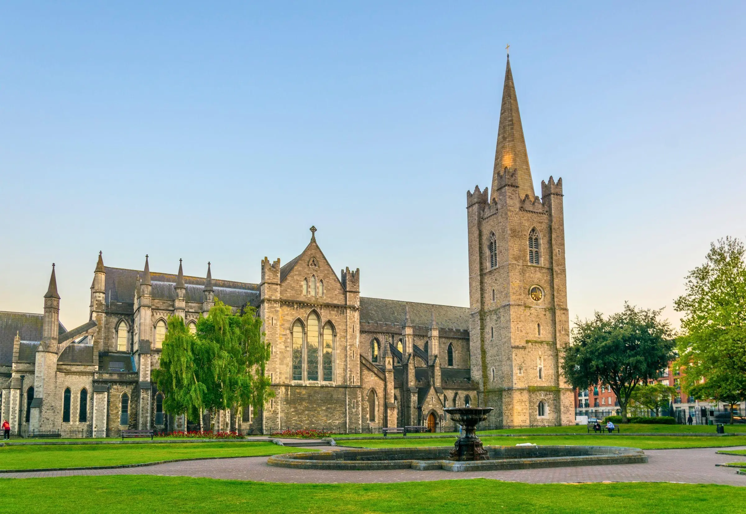 St Patrick's Cathedral Dublin Exterior view of St Patrick's Cathedral in Dublin surrounded by green parkland